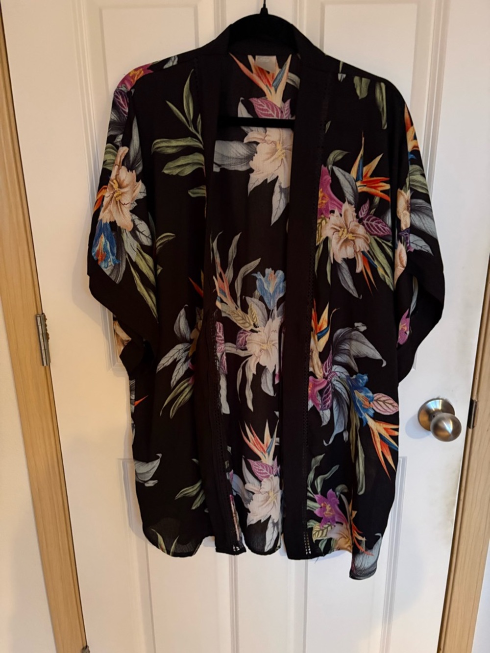 Kona Sol Black Floral Kimono Cape with Multicolor Blooms